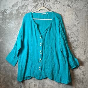 Soft Surroundings 3/4 Sleeve‎ Textured Tunic Linen Cotton Size XL Lagenlook Blue